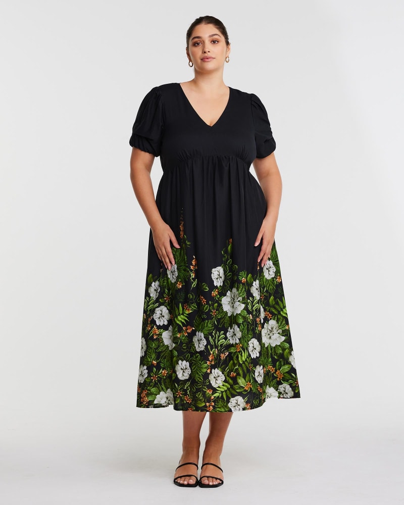 Front of a model wearing a size 22W Midnight Forest Dress in Black/Forest by Estelle. | dia_product_style_image_id:302285